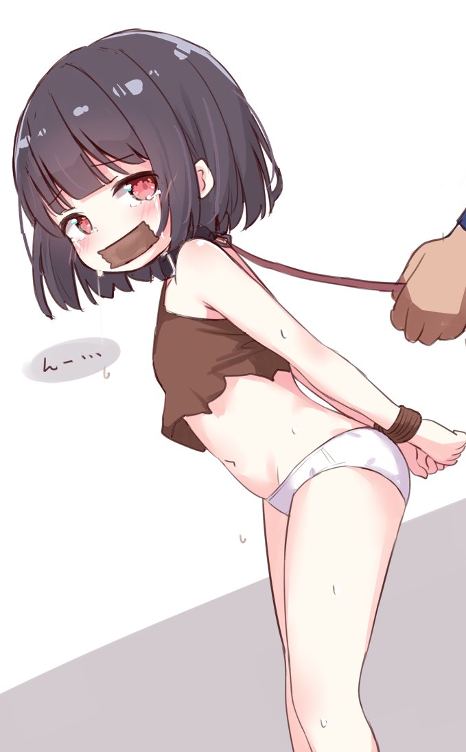 1boy 1girl arms_behind_back black_hair blush bound bound_wrists brown_eyes brown_shirt collar commentary_request crying crying_with_eyes_open from_side gag gagged improvised_gag leaning_forward leash loli looking_back miria_(mamamamave) navel no_pants original panties shirt short_hair slave standing tape tape_gag tears thighs torn_clothes underwear white_panties
