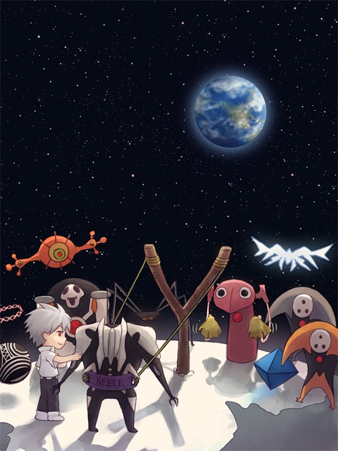 1boy angel_(evangelion) arael armisael_(evangelion) earth_(planet) israfel_(evangelion) leliel_(evangelion) matariel moai_(aoh) nagisa_kaworu neon_genesis_evangelion outdoors planet ramiel_(evangelion) sachiel_(evangelion) sahaquiel_(evangelion) shamshel_(evangelion) slingshot_(weapon) space star_(sky) zeruel_(evangelion)