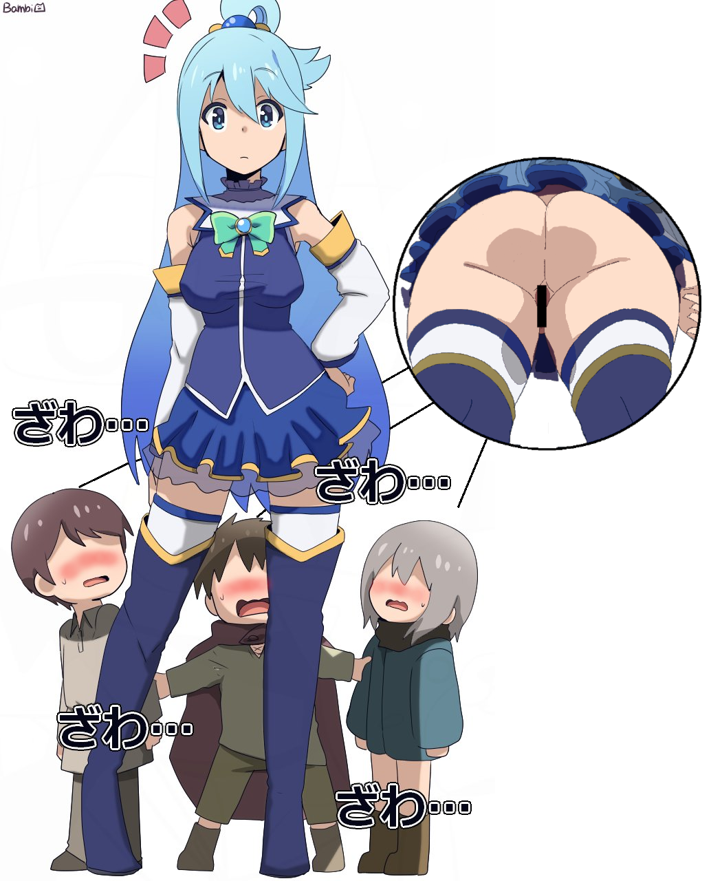 1girl 3boys age_difference aqua_(konosuba) arm_at_side artist_name ass ass_focus bambi2000line bare_legs bare_shoulders beads blue_boots blue_eyes blue_hair blue_skirt blue_vest blush boots bow bowtie breasts brown_hair censored child commentary detached_sleeves embarrassed faceless faceless_male full_body green_bow green_bowtie grey_hair hair_beads hair_between_eyes hair_ornament hair_rings hand_on_own_hip highres huge_ass implied_pantyshot kadokawa kadokawa_shoten kono_subarashii_sekai_ni_shukufuku_wo! legs long_hair long_sleeves medium_breasts miniskirt multiple_boys notice_lines open_mouth perineum pussy shota simple_background single_hair_ring size_difference skirt standing straight_shota studio_deen taut_clothes thigh_boots thighhighs thighhighs_under_boots translated very_long_hair vest white_background white_thighhighs zettai_ryouiki