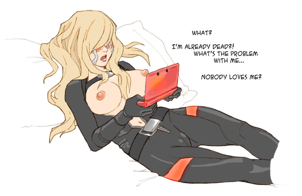 1girl bed belt black_belt black_bodysuit blonde_hair bodysuit breasts capcom crying diving_suit hair_over_eyes handheld_game_console holding large_breasts long_hair lying midriff navel nintendo nintendo_3ds nipples nude open_bodysuit open_clothes pillow rachael_foley resident_evil resident_evil:_revelations solo tears twistedterra wetsuit white_background zipper