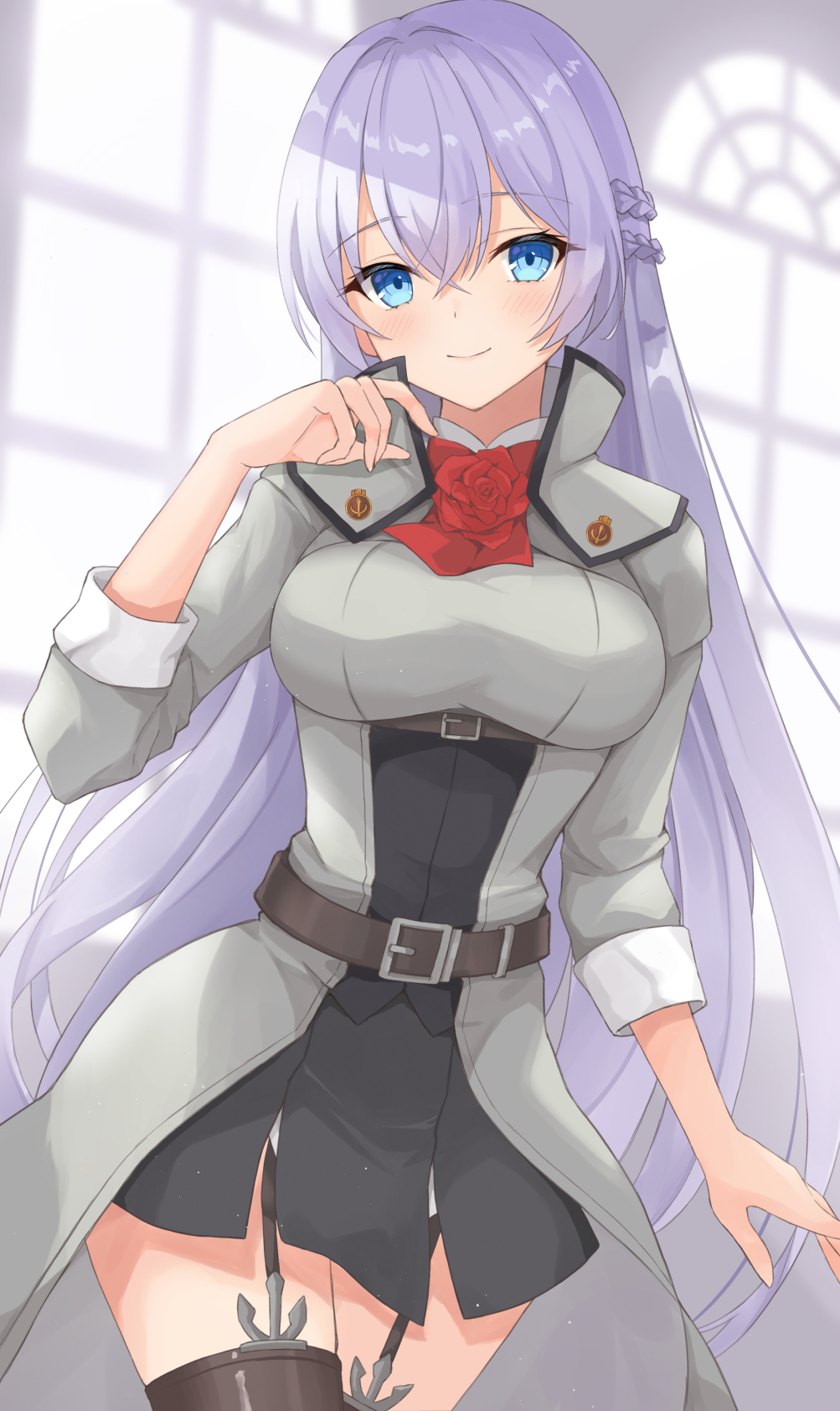 1girl ascot azur_lane blue_eyes breasts commission cosplay flower gensoukitan hair_between_eyes highres kantai_collection large_breasts long_hair long_sleeves looking_at_viewer military_uniform name_connection naval_dress_uniform naval_uniform neck_flower purple_eyes purple_hair red_ascot red_flower red_rose rodney_(azur_lane) rodney_(kancolle) rodney_(kancolle)_(cosplay) rose skeb_commission solo very_long_hair