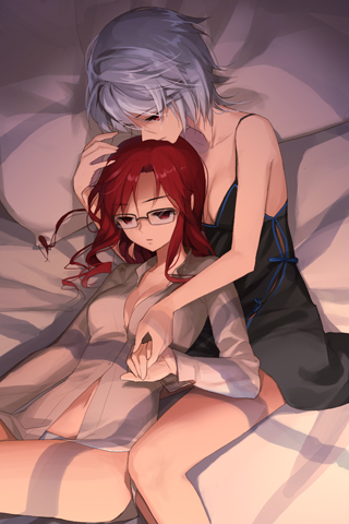 2girls bare_legs bare_shoulders bed blouse blue_hair breasts cleavage collarbone expressionless glasses holding holding_hands hug hug_from_behind iri_flina lingerie long_hair lowres lying midriff multiple_girls navel nearly_naked_shirt no_eyepatch no_pants on_back on_bed on_side panties parted_bangs pillow red_hair ribbon salt_(salty) shadow shirt short_hair sword_girls underwear vernika_answer white_panties yuri