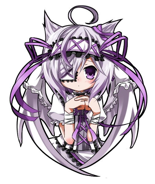 1girl ahoge bandages bat_wings dress emil_chronicle_online eyepatch frilled_dress frilled_hairband frills hairband medical_eyepatch poporu purple_eyes purple_ribbon raised_inner_eyebrows ribbon upper_body white_background white_dress white_familiar_alma white_hair white_wings wings