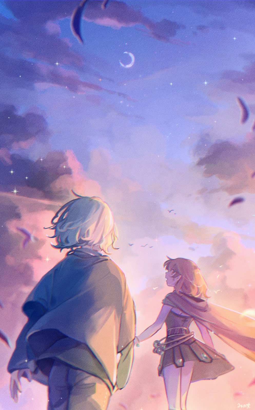 1boy 1girl artist_name avanna belt blonde_hair bracelet brown_hair cape cloud cloudy_sky crescent_moon from_behind gem highres jewelry layered_shirt long_sleeves looking_back mi_no_take moon po-uta pointy_ears short_hair sky sunset vocaloid walking
