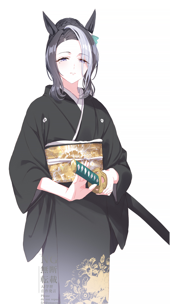 1girl alternate_costume animal_ears black_hair black_kimono braid braided_bun cowboy_shot fighting_stance hair_bun holding holding_sword holding_weapon horse_ears japanese_clothes katana kimono long_sleeves looking_at_viewer mejiro_ramonu_(umamusume) mole mole_under_eye multicolored_hair obi parted_lips purple_eyes ready_to_draw romi_(346_ura) sash sheath sheathed short_hair simple_background solo standing streaked_hair sword umamusume watermark weapon white_background wide_sleeves