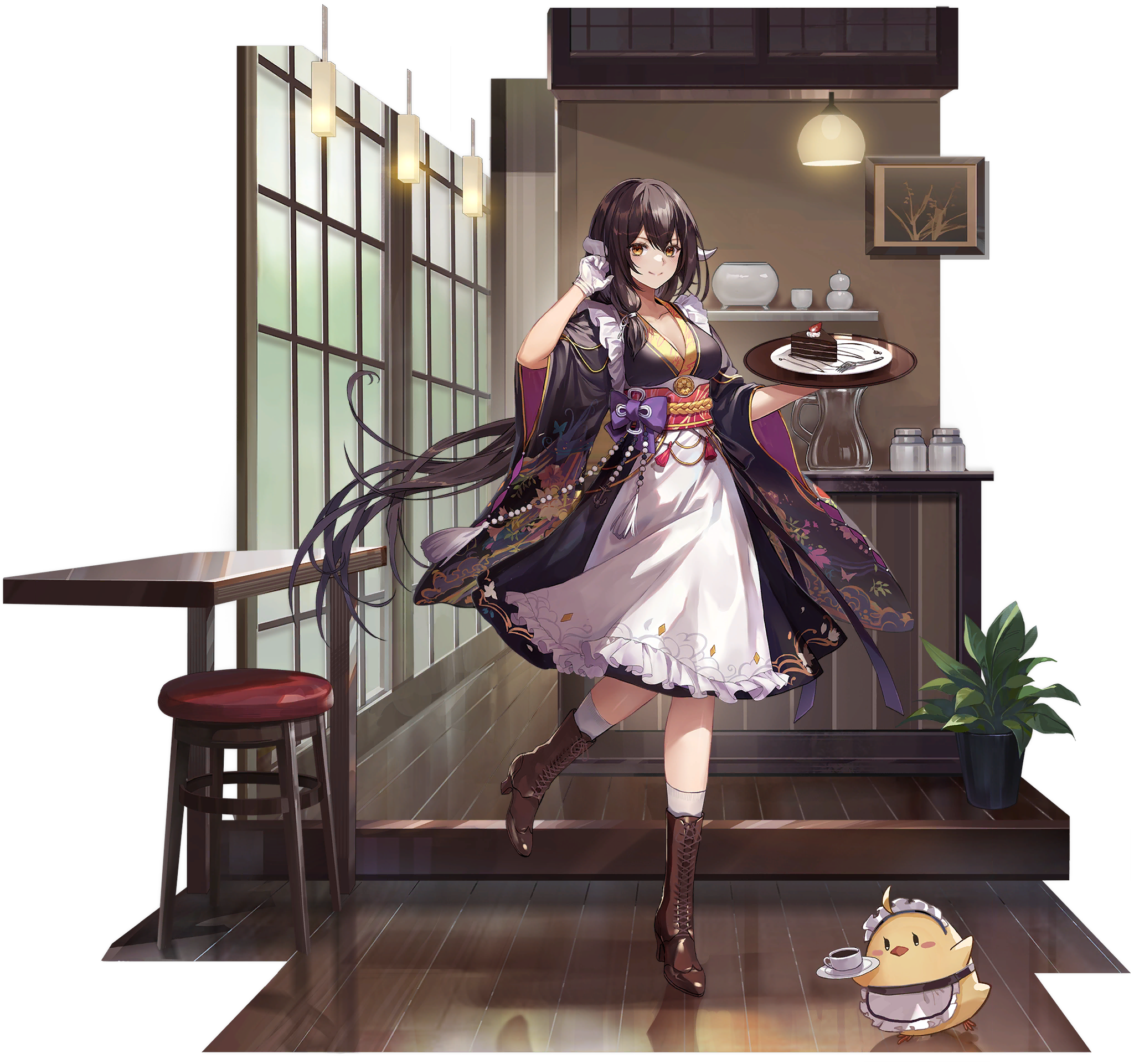 1girl apron azur_lane black_hair boots cake chair chocolate_cake cup food full_body gloves highres horns japanese_clothes kimono long_hair looking_at_viewer maid maid_apron manjuu_(azur_lane) mikasa_(a_romantic_respite)_(azur_lane) mikasa_(azur_lane) obiage official_art paint sidelocks table transparent_background wa_maid white_gloves wooden_table yellow_eyes