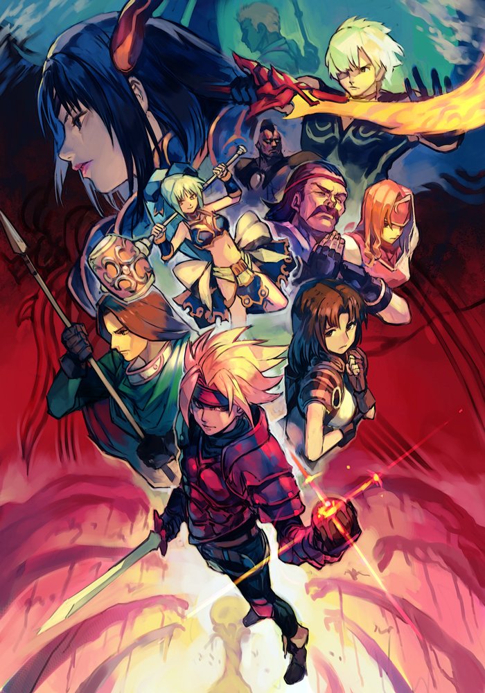 6+boys albert_(dragoon) armor breastplate breasts closed_mouth dart_feld gauntlets haschel headband hungry_clicker kongol lavitz_(dragoon) lloyd_(dragoon) long_hair meru_(dragoon) miranda_(dragoon) multiple_boys multiple_girls pauldrons red_armor rose_(dragoon) shana_(dragoon) shoulder_armor sword the_legend_of_dragoon vambraces weapon