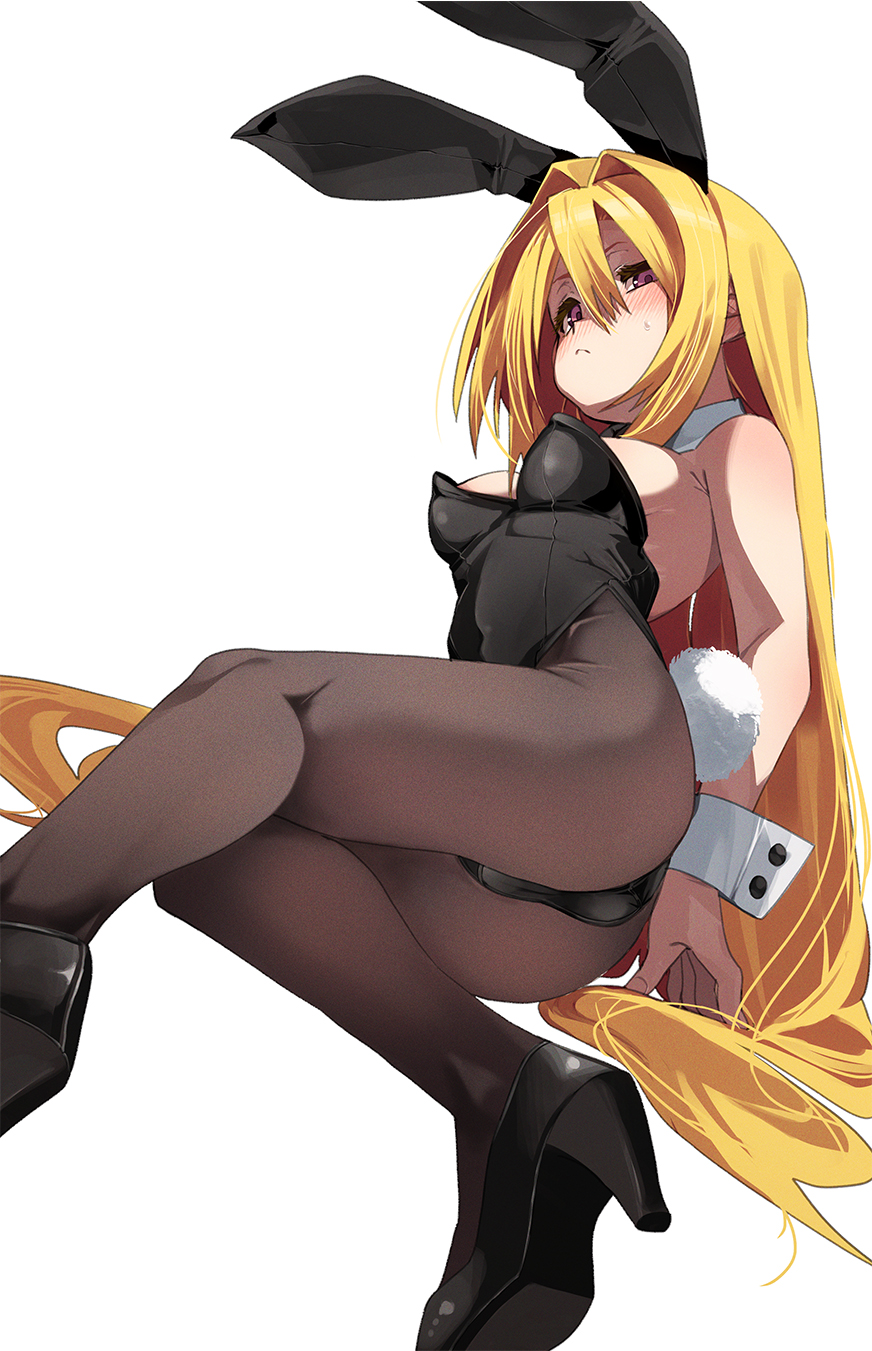 1girl alternate_costume animal_ears ass bare_shoulders black_leotard black_shoes blonde_hair blush breasts brown_pantyhose closed_mouth collar commentary_request detached_collar fake_animal_ears fake_tail foot_out_of_frame from_below frown fu-ta hair_intakes high_heels highleg highleg_leotard highres konjiki_no_yami leotard long_hair pantyhose playboy_bunny purple_eyes rabbit_ears rabbit_tail shoes simple_background small_breasts solo strapless strapless_leotard tail thighs to_love-ru very_long_hair white_background white_collar white_wrist_cuffs wrist_cuffs