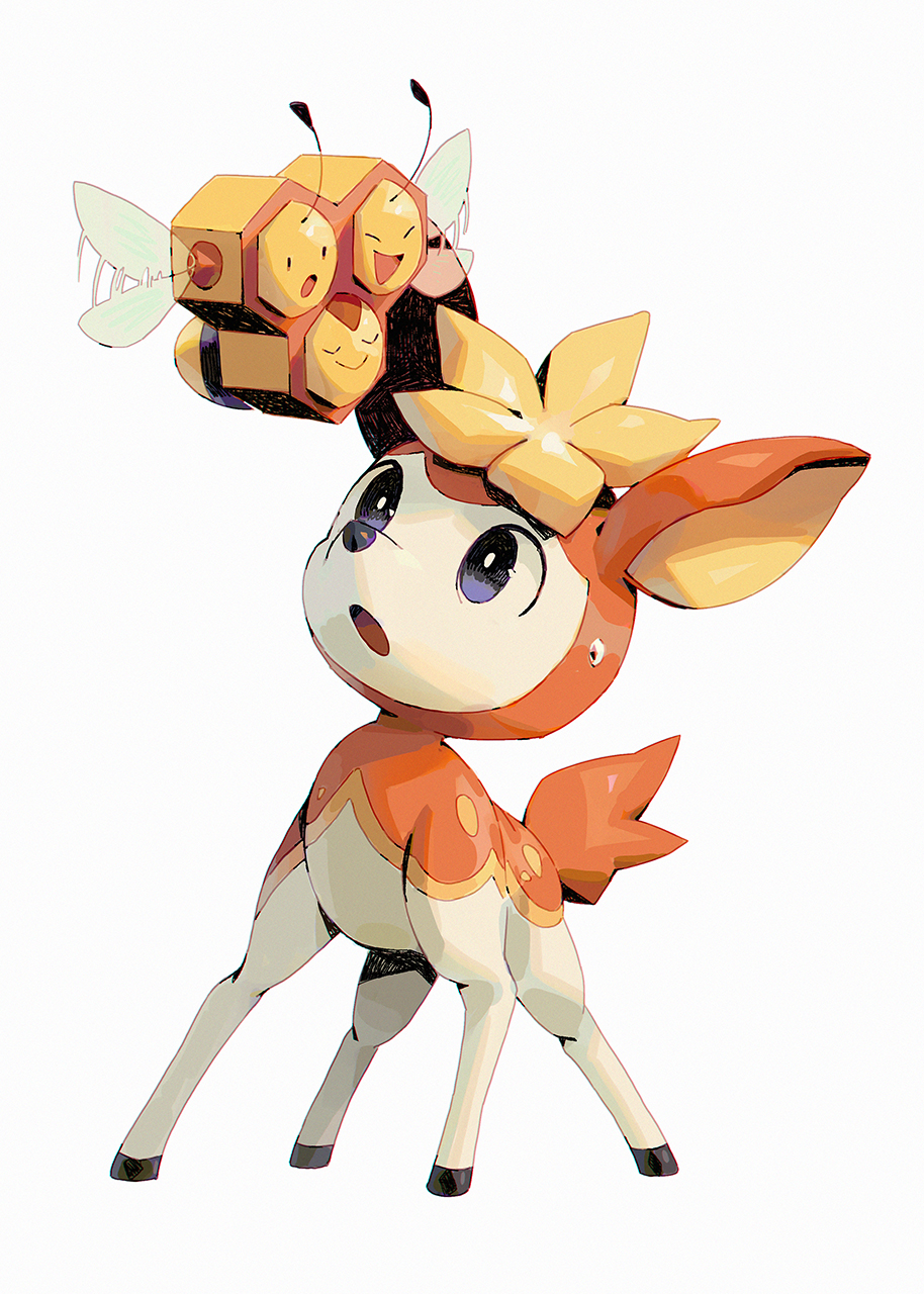 :o animal_focus bluekomadori bright_pupils combee commentary deerling flower gen_4_pokemon gen_5_pokemon grey_eyes highres looking_up nintendo no_humans open_mouth pokemon pokemon_(creature) standing sweatdrop tongue white_pupils yellow_flower