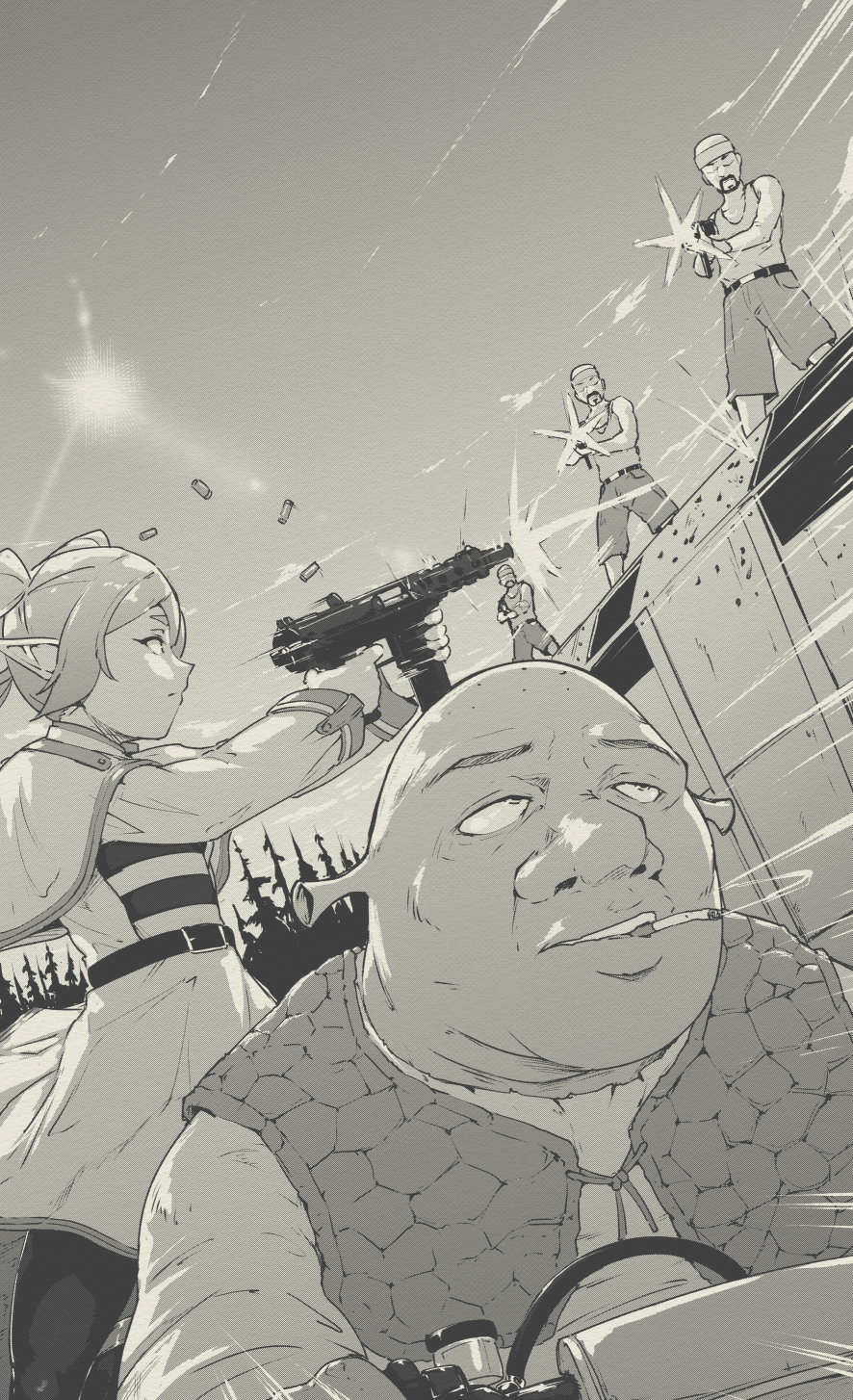1girl 4boys bald beard belt bullet_hole capelet casing_ejection cigarette commentary day dreamworks dress english_commentary facial_hair firing frieren grand_theft_auto grand_theft_auto:_san_andreas greyscale gun headband highres holding holding_gun holding_weapon light_rays long_hair long_sleeves monochrome motion_lines motor_vehicle motorcycle multiple_boys outdoors pantyhose parody parted_lips riding rockstar serious shell_casing shirt shorts shrek shrek_(series) sidelocks smoke smoking sousou_no_frieren submachine_gun sun tank_top thick_eyebrows train tree twintails tyrone vest weapon