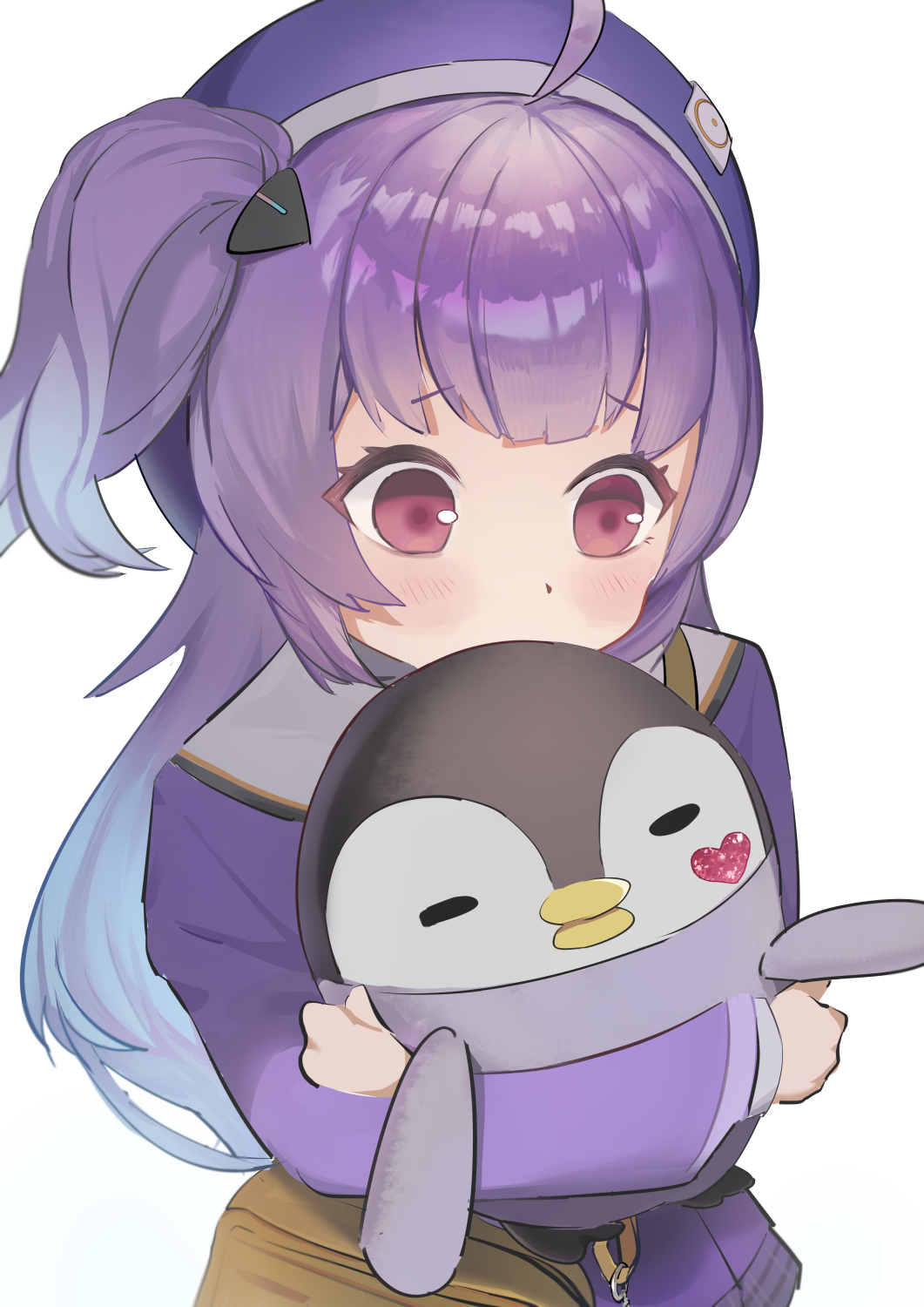 1girl ahoge beret bird bow brown_hair goddess_of_victory:_nikke hair_ornament hat highres jacket long_hair long_sleeves looking_at_viewer nihine_(u-u115) penguin purple_hair red_eyes rei_(nikke) school_uniform shirt skirt standing white_shirt
