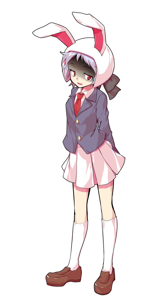 1girl animal_ears arms_behind_back black_jacket brown_shoes collared_shirt commentary_request dairi ears_through_hood full_body grey_hair highres hood hood_up jacket kneehighs large_variant_set loafers long_sleeves looking_at_viewer moon_rabbit_extra_(touhou) necktie open_mouth pleated_skirt rabbit_ears red_eyes red_necktie shaded_face shirt shoes short_hair skirt smile socks solo standing tachi-e touhou transparent_background variant_set white_shirt white_skirt white_socks