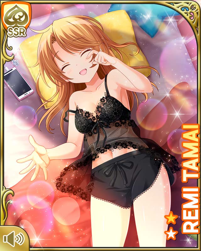 1girl :d bare_legs bare_shoulders barefoot bedroom black_shirt black_shorts breasts brown_eyes brown_hair card_(medium) cleavage closed_eyes day girlfriend_(kari) indoors looking_at_viewer low_twintails lying official_art on_back on_bed open_mouth qp:flapper shirt shorts sleepwear smile solo tagme tamai_remi twintails