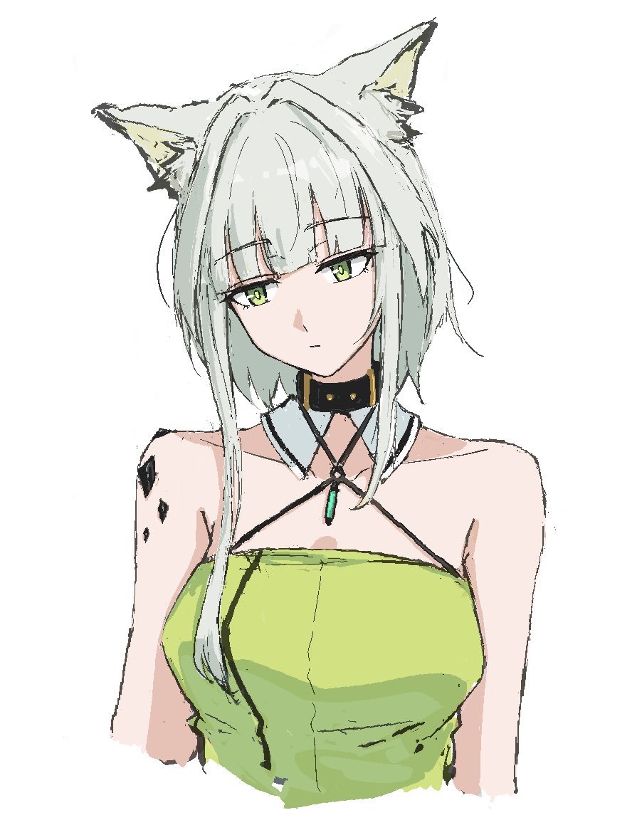 1girl animal_ear_fluff animal_ears arknights bare_shoulders breasts cat_ears cat_girl closed_mouth collarbone cropped_torso dress fuyukono green_dress green_eyes green_hair kal&#039;tsit_(arknights) large_breasts looking_to_the_side material_growth oripathy_lesion_(arknights) short_hair solo