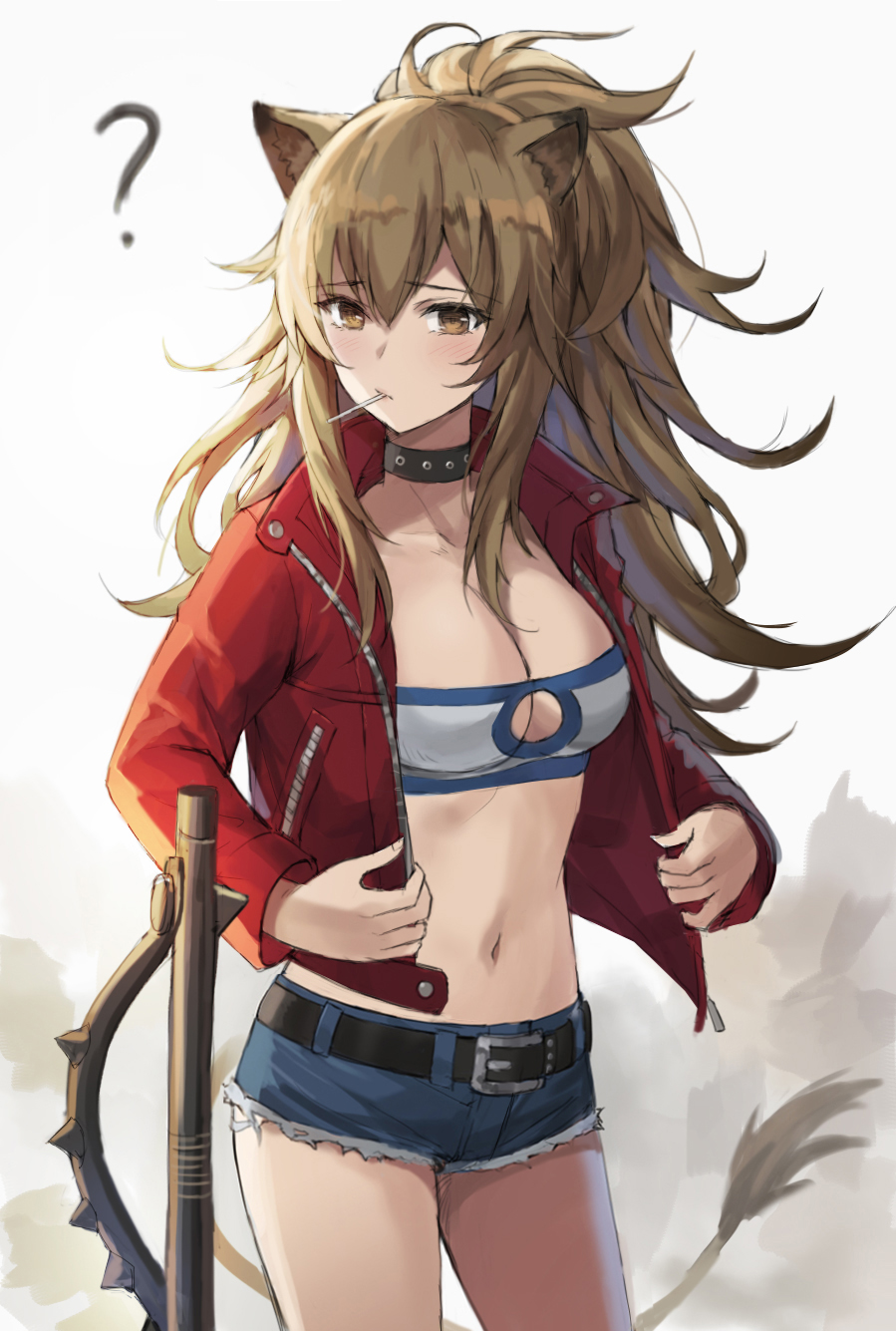 1girl ? animal_ears arknights bandeau belt black_choker blue_shorts blush breasts brown_eyes brown_hair candy choker cleavage cleavage_cutout clothing_cutout collarbone commentary cosplay cowboy_shot cutoffs denim denim_shorts fate/apocrypha fate_(series) female_focus food highres jacket large_breasts lion_ears lion_girl lion_tail lollipop long_hair long_sleeves looking_at_viewer medium_breasts midriff mordred_(fate) mordred_(fate)_(cosplay) mordred_(fate/apocrypha) mordred_(memories_at_trifas)_(fate) navel open_clothes open_jacket ponytail red_jacket short_shorts shorts siege_(arknights) simple_background solo standing stomach tail thighs tonee weapon