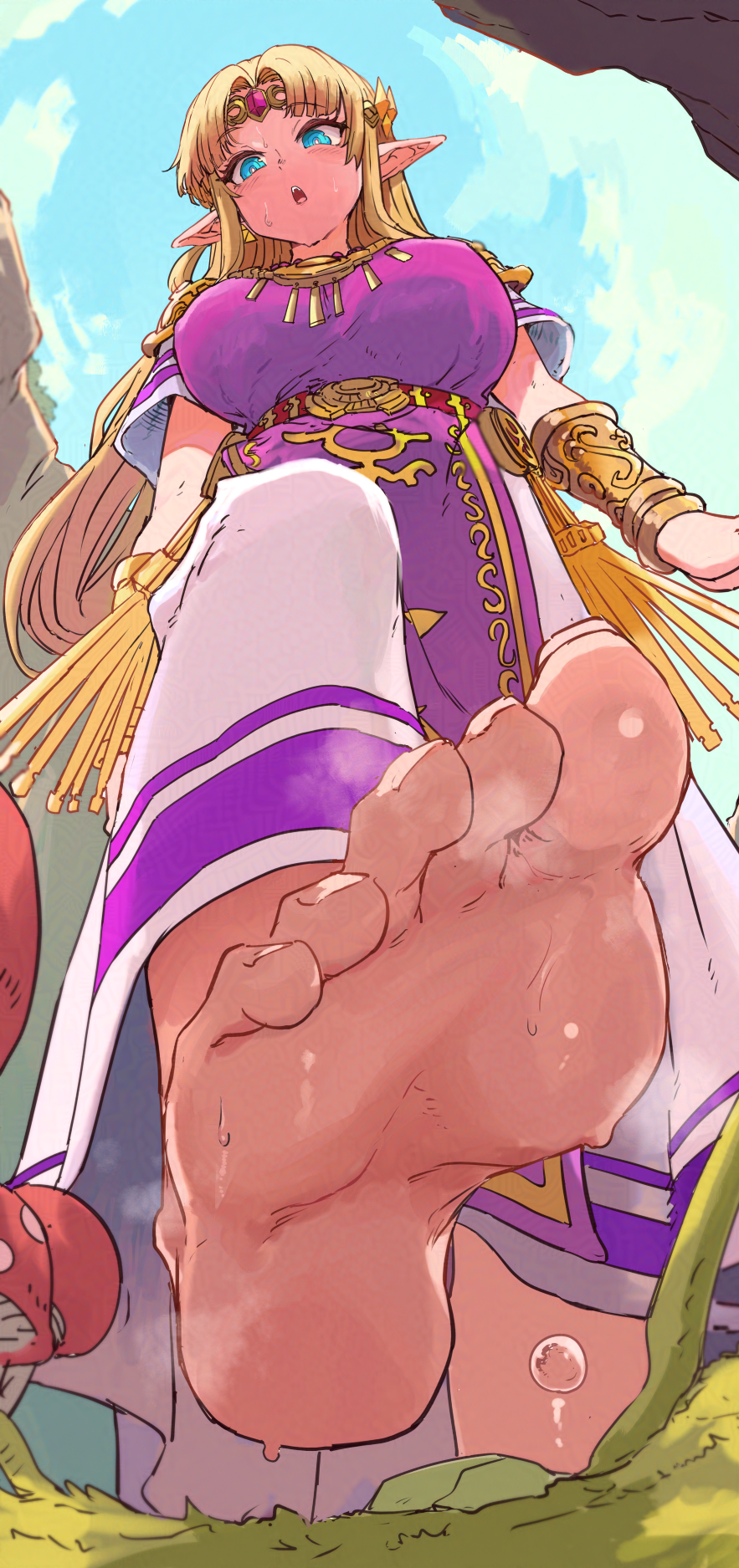 1girl barefoot blonde_hair blue_eyes blue_sky blurry blush bracelet breasts commentary_request curtained_hair day dress feet foot_focus forehead_jewel from_below gold_bracelet grass headband highres ishijimajirou jewelry large_breasts looking_at_viewer looking_down mushroom necklace nintendo open_mouth outdoors pointy_ears princess_zelda purple_tabard shoulder_pads sky soles solo steaming_body super_smash_bros. sweat tabard the_legend_of_zelda the_legend_of_zelda:_a_link_between_worlds the_legend_of_zelda:_a_link_to_the_past walking white_dress