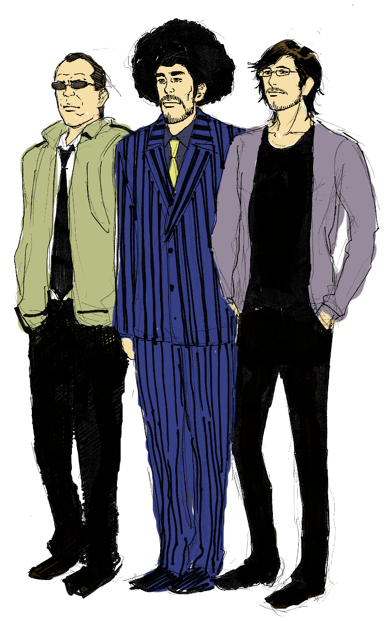 3boys 428_shibuya_scramble afro beard beige_jacket black_hair black_necktie black_pants black_shirt blue_suit brown_hair facial_hair formal_clothes glasses grey_jacket hands_in_pockets highres imajun jacket kimizuka_hachirou multiple_boys necktie oosawa_kenji pants pinstripe_pattern pinstripe_suit shirt short_hair simple_background sketch striped suit white_background white_shirt yanagishita_junichi yellow_necktie