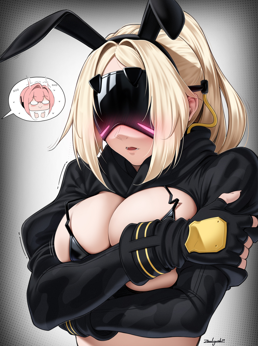 2girls animal_ears bikini bikini_top_only black_gloves blindfold_mask blonde_hair blush breasts commentary covered_eyes covering_breasts covering_privates disembodied_head embarrassed english_commentary fake_animal_ears fingerless_gloves glasses gloves glowing_mask hair_ornament large_breasts long_hair mask multiple_girls pink_hair ponytail speech_bubble swimsuit trigger_(zenless_zone_zero) tsukishiro_yanagi upper_body zealyush zenless_zone_zero