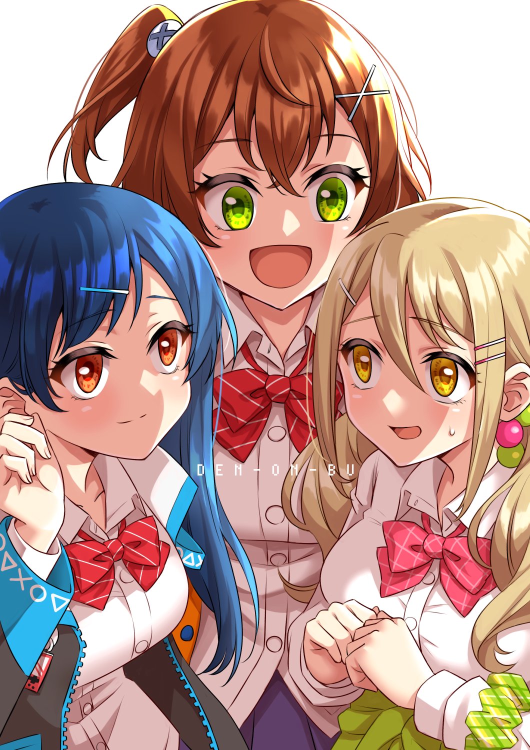 3girls black_jacket blonde_hair blue_hair blush bow bowtie breasts brown_hair closed_mouth copyright_name denonbu green_eyes green_scrunchie hair_between_eyes hair_ornament hair_tie hairclip hidaka_reina_(denonbu) highres jacket kayano_futaba long_hair long_sleeves looking_at_another medium_breasts multiple_girls open_clothes open_jacket open_mouth orange_eyes red_bow red_bowtie school_uniform scrunchie shinonome_kazune shiokara_(siokara_pic) shirt side_ponytail simple_background smile standing sweatdrop twintails white_background white_shirt x_hair_ornament