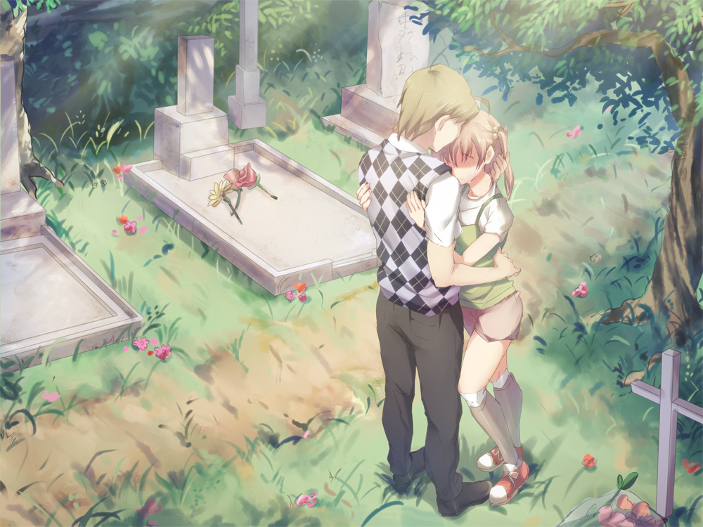 1boy 1girl ahoge amputee argyle_clothes argyle_sweater_vest artist_request black_shoes blonde_hair brown_hair brown_shorts crying day double_amputee flower game_cg grass graveyard green_tank_top grey_pants hair_bobbles hair_ornament hug ibarazaki_emi katawa_shoujo kneehighs legless_amputee long_hair nakai_hisao non-web_source official_alternate_costume official_art outdoors pants prosthesis prosthetic_leg red_shoes shirt shoes short_hair short_sleeves shorts socks standing sweater_vest tank_top tombstone tree white_shirt white_socks