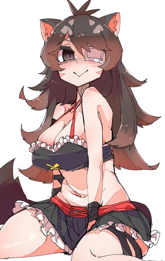 100maru 1girl animal_ears asymmetrical_gloves australian_devil_(kemono_friends) bikini black_gloves black_hair blush breasts brown_eyes empty_eyes extra_ears eyepatch fangs frilled_bikini frills gloves kemono_friends kemono_friends_3 kneeling large_breasts long_hair looking_at_viewer medical_eyepatch smile solo swimsuit tasmanian_devil_ears tasmanian_devil_tail