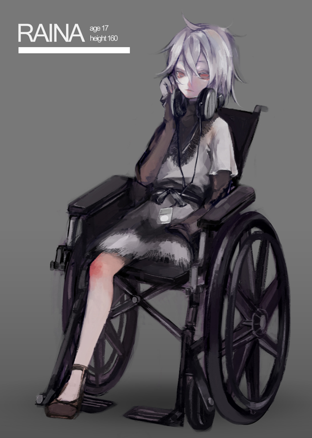 10s amputee bad_id bad_pixiv_id black_rock_shooter digital_media_player headphones ipod original red_eyes satsuyu_ito silver_hair solo wheelchair