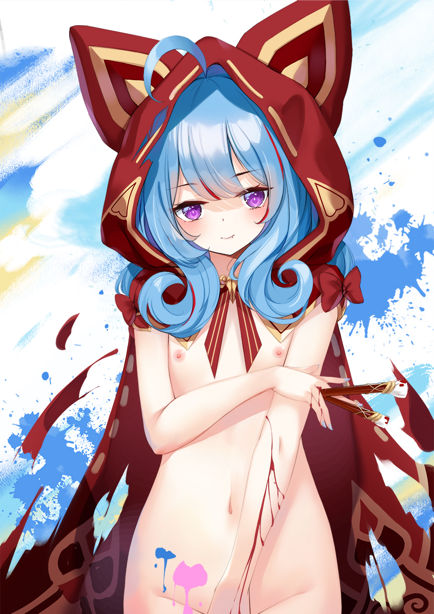 1girl ahoge blue_hair chinese_commentary colorful_background commentary_request flat_chest griseo griseo_(starry_impression) griseo_(summer_as_a_painting) highres honkai_(series) honkai_impact_3rd looking_at_viewer medium_hair navel nipples nude official_alternate_costume paint_on_body purple_eyes red_hood solo stomach touxing_no_diluka