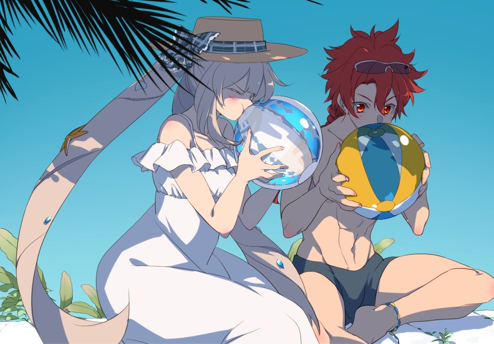 1boy 1girl abs alexander_(chaldea_beach_volleyball)_(fate) alexander_(fate) anklet ball bare_shoulders beachball black_male_swimwear black_swim_briefs blowing closed_eyes collarbone day dress echo_(circa) eyewear_on_head fate/grand_order fate_(series) hat jewelry male_swimwear marie_antoinette_(fate) marie_antoinette_(swimsuit_caster)_(second_ascension)_(fate) navel palm_tree puffy_cheeks red_eyes red_hair silver_hair sky solo_focus sun_hat sunglasses swim_briefs swimsuit tree twintails