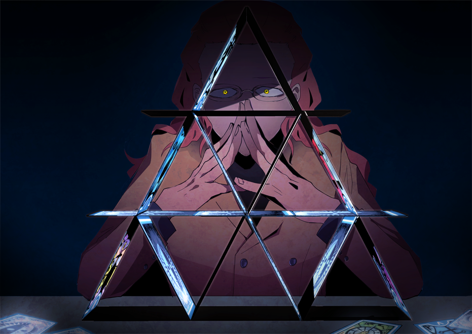 1boy black_shirt blue_background brown_coat brown_hair card coat constricted_pupils covered_mouth elbows_on_table house_of_cards ikutsuki_shuuji index_fingers_together justice_(tarot) long_hair looking_at_viewer male_focus persona persona_3 shirt simple_background solo straight-on sunorsa table tarot tarot_card the_empress_(tarot) the_fool_(tarot) the_hierophant_(tarot) the_lovers_(tarot) upper_body wheel_of_fortune_(tarot) yellow_eyes