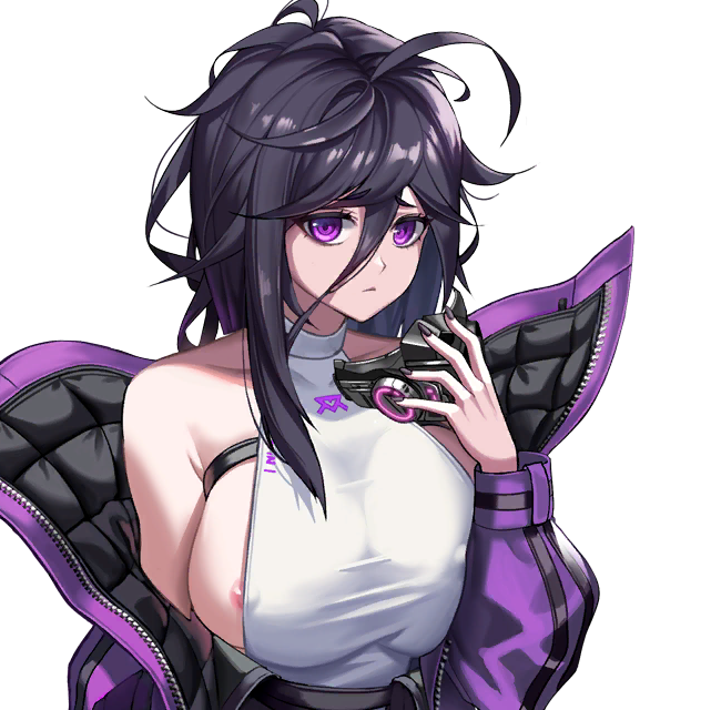 1girl areola_slip armpit_crease bare_shoulders black_hair black_nails breast_press breasts closed_mouth covered_erect_nipples d-log eyebrows_hidden_by_hair female_focus game_cg hair_between_eyes hair_tuft hela_(last_origin) high_collar holding holding_mask jacket large_breasts last_origin long_hair long_sleeves looking_at_viewer mask messy_hair nail_polish off_shoulder official_art open_clothes open_jacket purple_eyes purple_jacket respirator sleeveless tight_clothes transparent_background unworn_mask upper_body