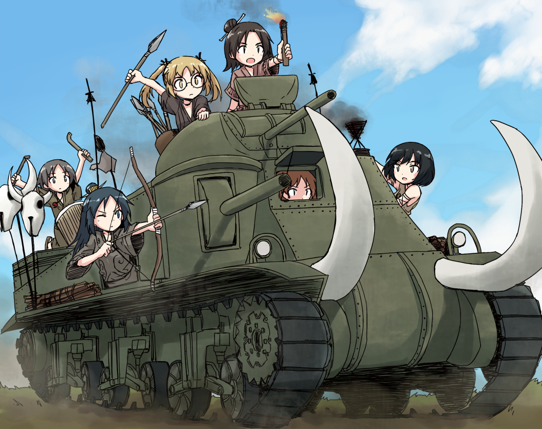10s 6+girls alternate_costume arrow_(projectile) black_eyes black_hair black_ribbon blue_eyes blue_hair bow_(weapon) brown_eyes brown_hair caterpillar_tracks closed_mouth cloud cloudy_sky commentary day driving dust_cloud girls_und_panzer glasses hair_ribbon holding holding_bow_(weapon) holding_weapon kakizaki_(chou_neji) kneeling long_hair m3_lee maruyama_saki metal_max military military_vehicle motor_vehicle multiple_girls one_eye_closed oono_aya outdoors parted_bangs polearm ribbon riding round_eyewear sakaguchi_karina sawa_azusa short_hair sky smoke spear tank torch tusks twintails utsugi_yuuki weapon yamagou_ayumi