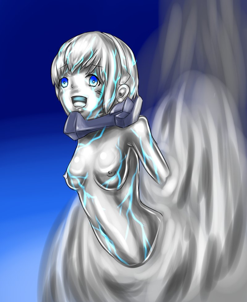 1girl aomatu_spaghe blue_background blue_eyes breasts female_focus godzilla:_city_on_the_edge_of_battle godzilla:_planet_of_the_monsters godzilla:_the_planet_eater godzilla_(series) happy looking_at_viewer medium_breasts metal metal_breasts metal_girl metal_skin multicolored_background nanometal nipples nude open_mouth polygon_pictures shiny_skin short_hair silver_hair solo solo_focus stuck tani_yuko third-party_edit toho transformation transformation
