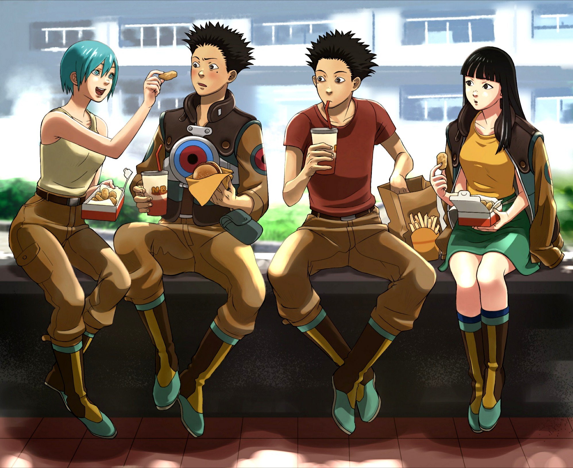 2boys 2girls aqua_hair black_hair blue_eyes breasts food french_fries highres ken_(linda_cube) linda_(linda_cube) linda_cube long_hair medium_breasts multiple_boys multiple_girls neku_(linda_cube) open_mouth qoota sachiko_(linda_cube) short_hair sleeveless smile