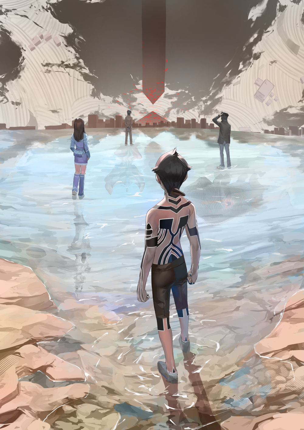 1girl 3boys black_hair black_shorts blazpu demi-fiend denim highres hikawa_(megami_tensei) in-universe_location multiple_boys nitta_isamu outdoors pillar reflection shin_megami_tensei shin_megami_tensei_iii:_nocturne short_hair shorts standing tachibana_chiaki_(megami_tensei) wading water