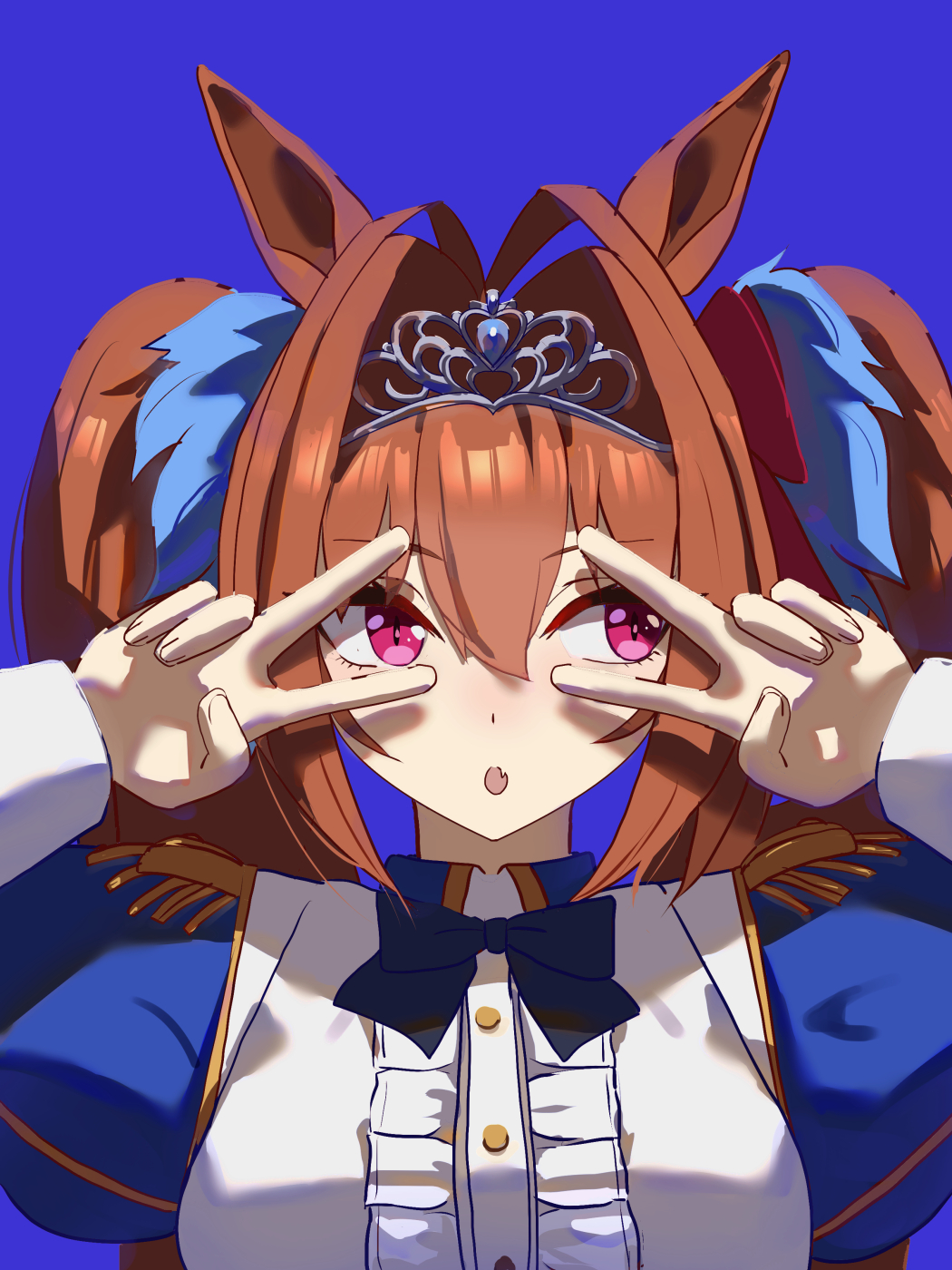1girl animal_ears antenna_hair black_bow black_bowtie blue_background bow bowtie brown_hair center_frills daiwa_scarlet_(umamusume) double_v epaulettes fang framed_breasts frilled_shirt frills hair_between_eyes hair_intakes highres horse_ears horse_girl juliet_sleeves long_hair long_sleeves looking_to_the_side no_uwazumi open_mouth puffy_sleeves purple_eyes shirt simple_background skin_fang solo tiara twintails umamusume upper_body v v_over_eye white_shirt