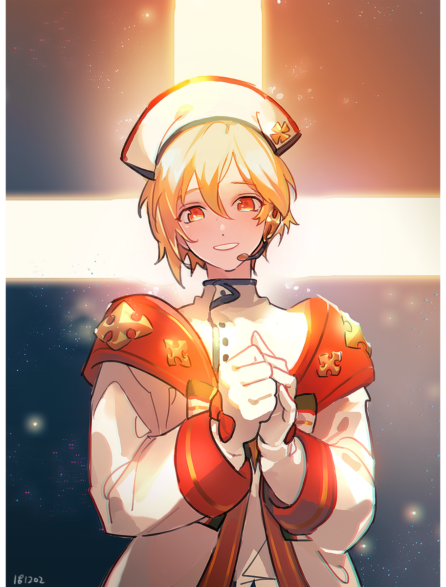 1boy arrow_cross blonde_hair bow cross cross_patty earpiece ensemble_stars! gloves glowing greek_cross hair_between_eyes hands_up haun high_collar highres jacket male_focus microphone nito_nazuna orange_eyes own_hands_together parted_lips short_hair smile solo upper_body white_jacket