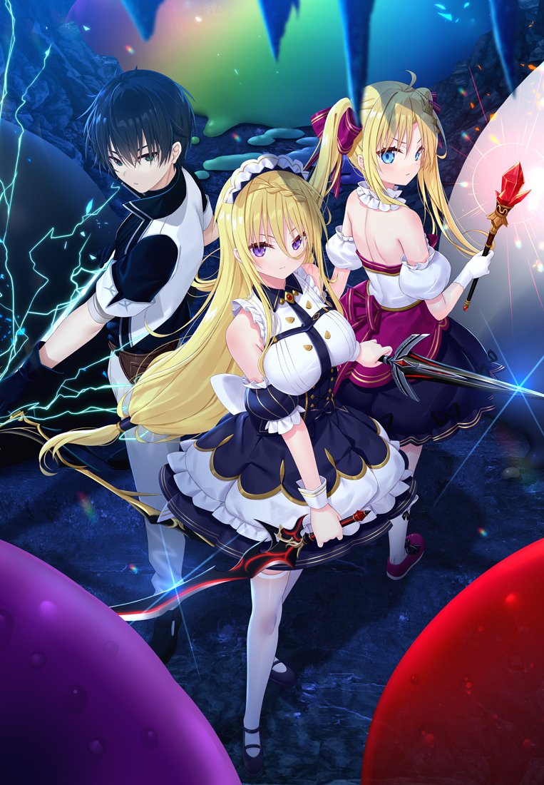1boy 2girls ahoge arm_garter black_corset black_eyes black_footwear black_hair black_skirt blonde_hair blue_eyes bow braid breasts character_request closed_mouth collar copyright_request corset detached_collar dual_wielding electricity gloves hair_between_eyes hair_bow holding holding_wand holding_weapon large_breasts long_hair maid maid_headdress median_furrow multiple_girls purple_bow purple_eyes purple_footwear shirt short_hair shoulder_blades skirt sleeveless sleeveless_shirt thighhighs twintails wand weapon white_collar white_gloves white_shirt white_thighhighs white_wrist_cuffs wrist_cuffs yano_mitsuki_(nanairo)