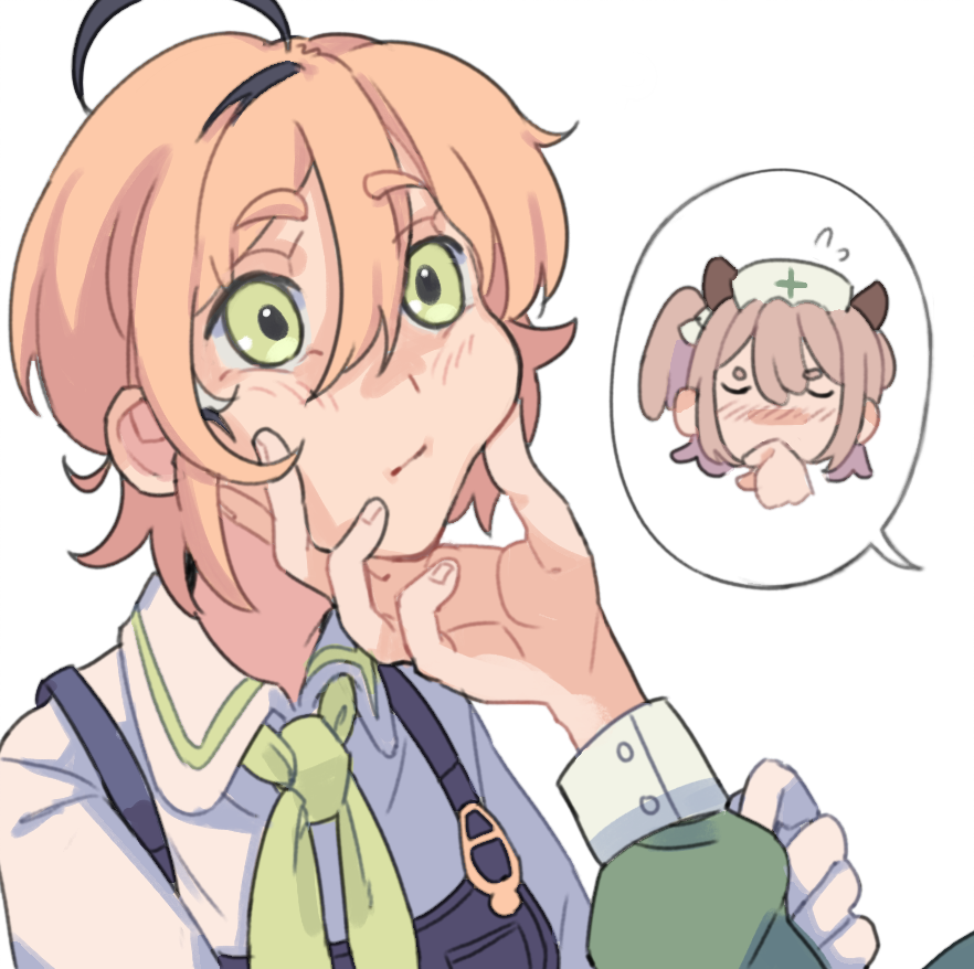 addendium ahoge animal_ears blonde_hair blue_overalls blush brown_hair dooby_(vtuber) green_eyes hand_on_another&#039;s_chin hat indie_virtual_youtuber nimi_nightmare nurse_cap one_side_up overalls short_hair simple_background tapir_ears tapir_girl virtual_youtuber white_background