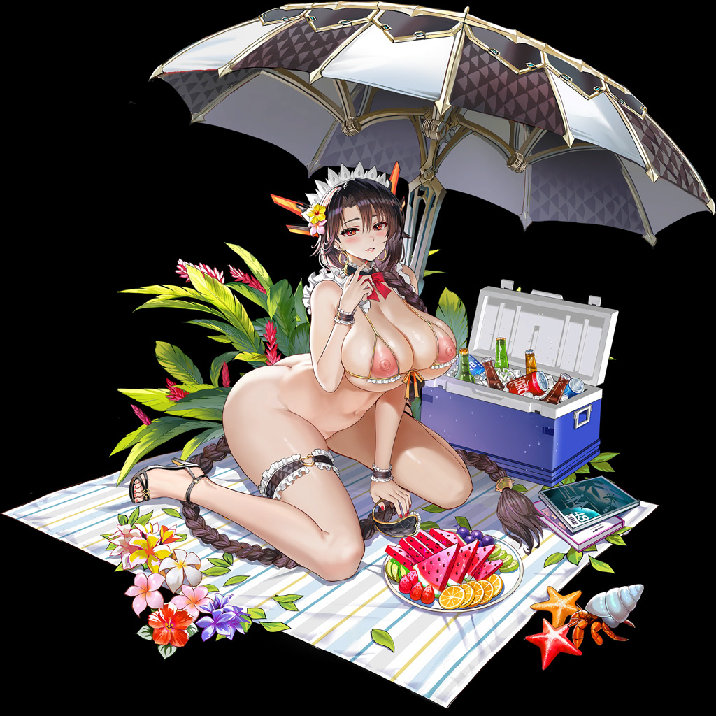 1girl ass beach_towel bikini bikini_top_only black_background black_hair black_wyrm_(last_origin) blush bottle bottomless braid breasts butt_crack can choker cooler detached_collar earrings feet female_focus flower food fruit grin hand_up headgear high_heels hoop_earrings huge_breasts ice jewelry last_origin legs light_smile lime_(fruit) lime_slice long_braid long_hair looking_at_viewer low-tied_long_hair magazine_(object) maid_headdress nail_polish navel nipples orange_(fruit) orange_slice parasol parted_lips plant plate red_eyes red_nails sandals see-through_clothes shell single_braid sitting smile solo starfish strawberry swimsuit tachi-e taesi thighs third-party_edit toenail_polish toenails toes towel umbrella very_long_hair watermelon watermelon_slice