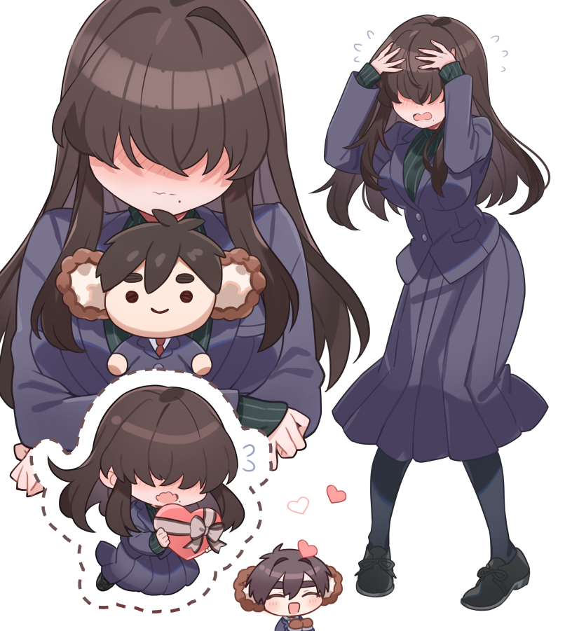 1boy 1girl aijou_rentarou animal_ears black_dress box character_doll chibi chibi_inset deformed dress full_body hair_between_eyes heart heart-shaped_box holding kakure_meme kanyoko_(yuzukano_17) kimi_no_koto_ga_dai_dai_dai_dai_daisuki_na_100-nin_no_kanojo monkey_ears pantyhose