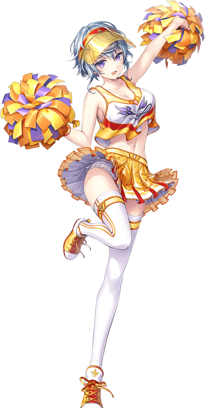 1girl arm_up artist_request bare_arms bare_shoulders blue_hair breasts cleavage full_body gahelise_(unitia) game_cg highres holding holding_pom_poms navel official_alternate_costume official_art open_mouth panties pantyshot pom_pom_(cheerleading) pom_poms purple_eyes shoes short_hair sideboob skirt solo source_request transparent_background underwear unitia white_panties yellow_skirt