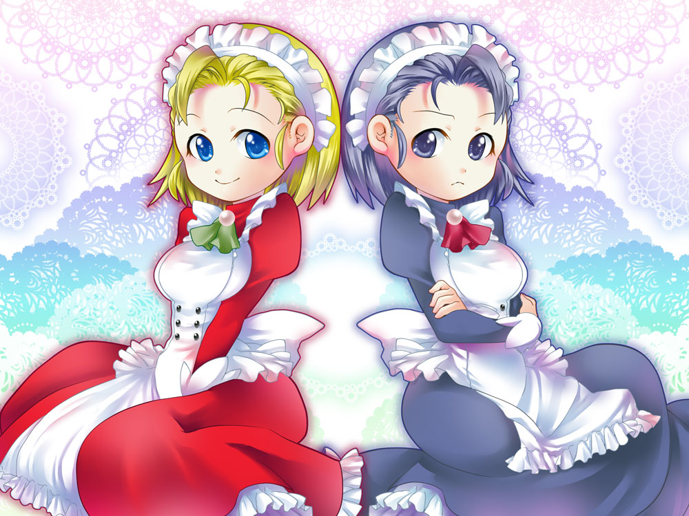2girls aldiana alternate_color apron black_eyes black_hair black_kikimora blonde_hair blue_eyes crossed_arms dual_persona frills frown juliet_sleeves kikimora_(monster_monster) kikimora_(puyopuyo) long_sleeves maid maid_apron maid_headdress multiple_girls necktie oyuki_(otozuki_mozuku) player_2 puffy_sleeves puyopuyo short_hair smile