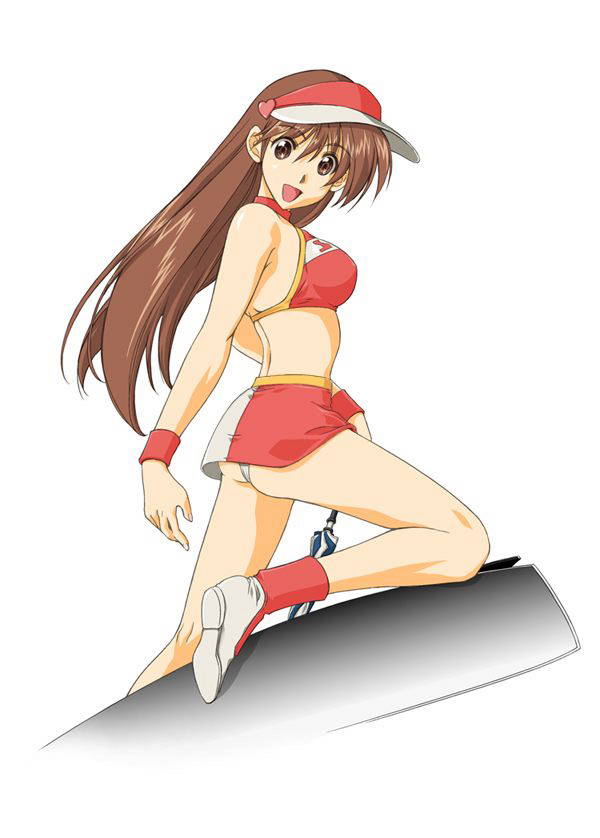 1990s_(style) 1girl bikini brown_hair female_focus future_gpx_cyber_formula happy long_hair looking_at_viewer looking_to_the_side microskirt midriff miniskirt onaya_masakazu panties pantyshot race_queen retro_artstyle simple_background skirt smile solo sugou_asuka swimsuit underwear white_background white_panties