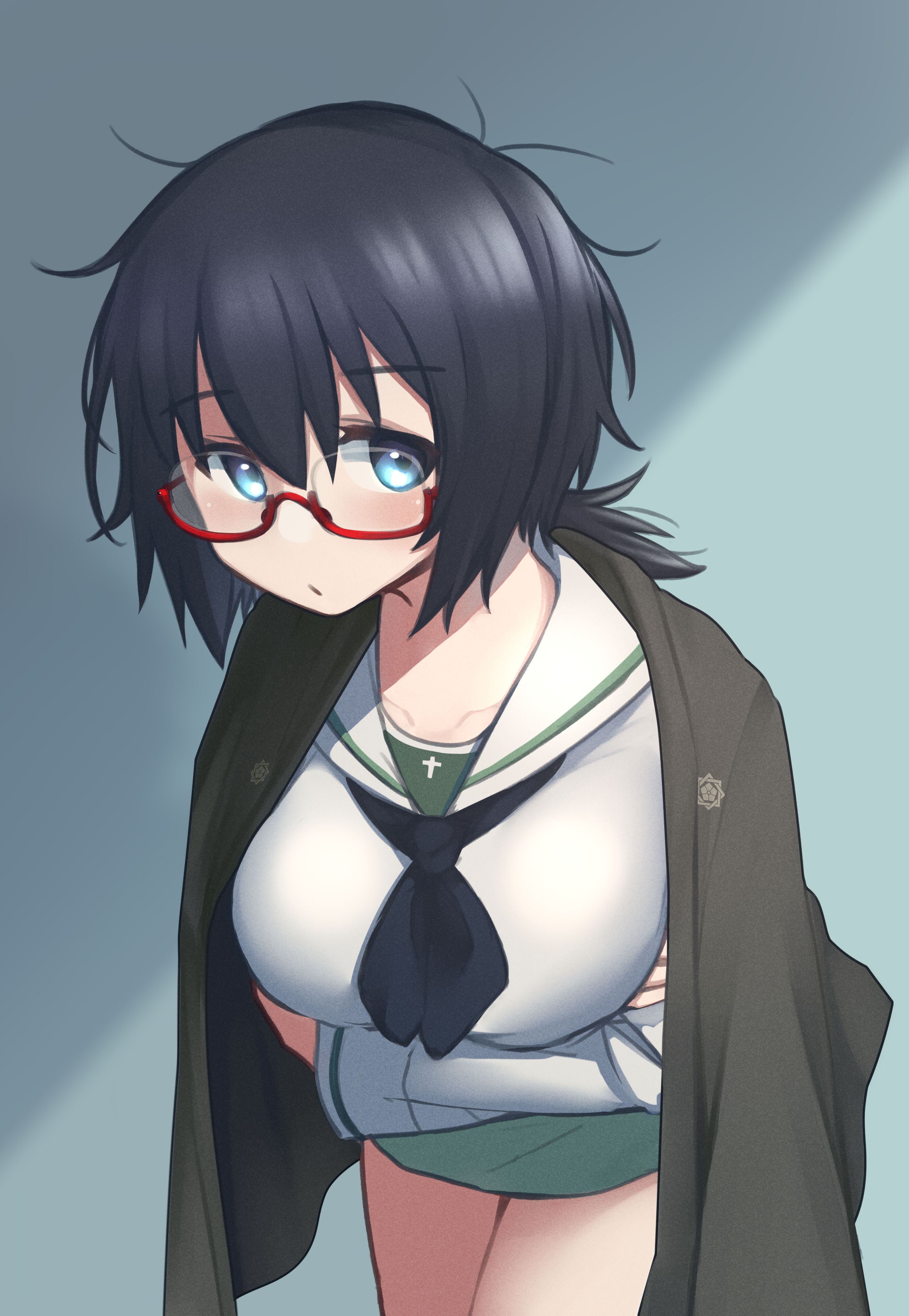 1girl absurdres black_eyes black_hair black_haori black_neckerchief blouse blue_background blush breast_hold breasts closed_mouth commentary cowboy_shot girls_und_panzer glasses green_skirt haori highres japanese_clothes large_breasts leaning_forward light_frown long_sleeves looking_at_viewer m1saki_1 medium_hair messy_hair miniskirt neckerchief ooarai_school_uniform oryou_(girls_und_panzer) pleated_skirt ponytail red-framed_eyewear sailor_collar sakamoto_clan_(emblem) school_uniform semi-rimless_eyewear serafuku shirt short_ponytail skirt solo standing under-rim_eyewear white_sailor_collar white_shirt