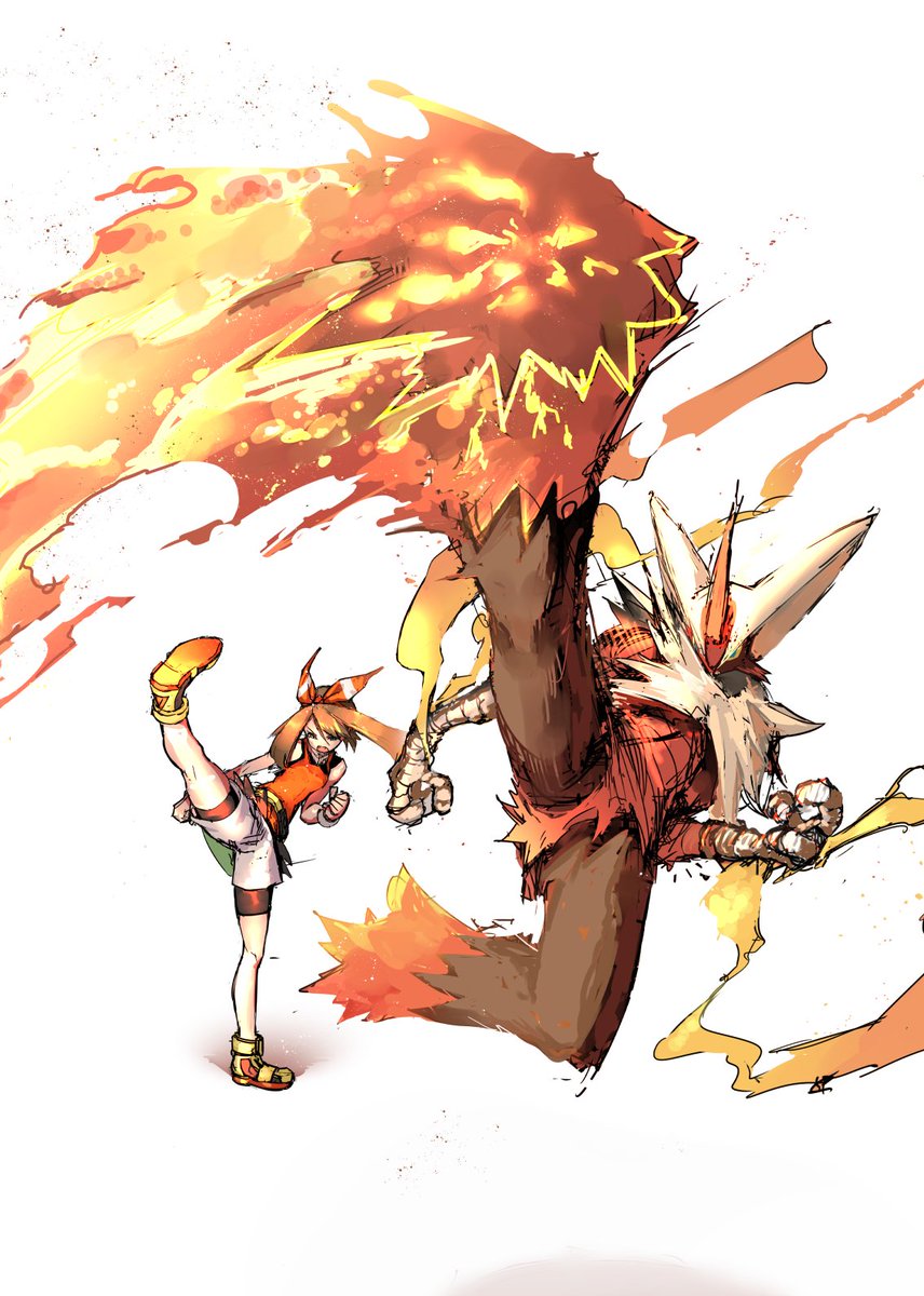 10s 1girl 1other :o bare_shoulders bike_shorts blaziken blue_eyes breasts brown_hair clenched_hand closed_eyes fire full_body gen_3_pokemon highres jako_(boke_poke) jumping kicking leg_lift leg_up looking_to_the_side may_(pokemon) may_(pokemon_oras) mega_blaziken mega_pokemon nintendo pokemon pokemon_(creature) pokemon_oras ribbon shorts standing standing_on_one_leg white_background
