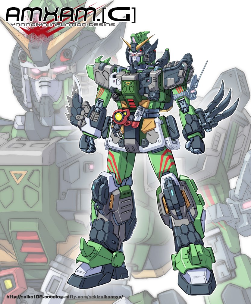 arm_blade armor assault_visor blue_destiny_03 crossover full_body gundam gundam_side_story:_the_blue_destiny kamen_rider kamen_rider_amazon_omega kamen_rider_amazons male_focus mecha mechanical mechanization no_humans pink_eyes robot solo standing visor weapon yanagi_joe zoom_layer