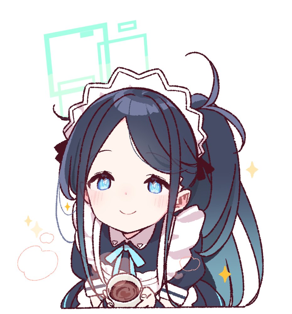 1girl apron aris_(blue_archive) aris_(maid)_(blue_archive) blue_archive blue_eyes blue_hair blush coffee_mug commentary_request cup green_halo halo long_hair looking_at_viewer maid_apron maid_headdress mug simple_background solo very_long_hair white_background yoru_nai