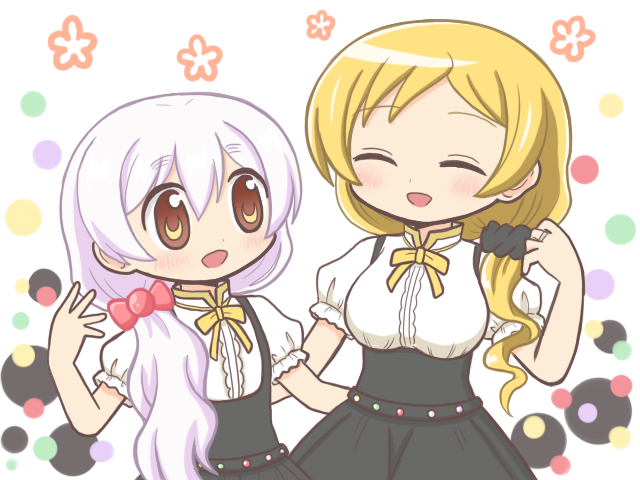 2girls :d ^_^ bad_id bad_pixiv_id black_dress blonde_hair brown_eyes closed_eyes commentary_request cowboy_shot dress hair_over_shoulder hand_up long_hair looking_at_another low_ponytail magia_record:_mahou_shoujo_madoka_magica_gaiden mahou_shoujo_madoka_magica mahou_shoujo_madoka_magica:_hangyaku_no_monogatari mahou_shoujo_madoka_magica_(anime) matching_outfits momoe_nagisa multiple_girls neck_ribbon open_mouth ponytail reverse_(bluefencer) ribbon shirt smile standing tomoe_mami white_hair white_shirt yellow_ribbon