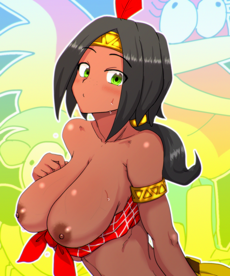 1girl aikawa_arika armlet banjo-kazooie banjo-tooie banjo_(banjo-kazooie) black_hair blush breasts breasts_out dark-skinned_female dark_nipples dark_skin eyes_visible_through_hair feather_hair_ornament freckles gold green_eyes hair_ornament humba_wumba_(banjo-kazooie) jewelry kazooie_(banjo-kazooie) large_breasts leaning_forward looking_at_viewer low_ponytail native_american nipples outline ponytail strapless sweat tiara tube_top upper_body veins white_outline