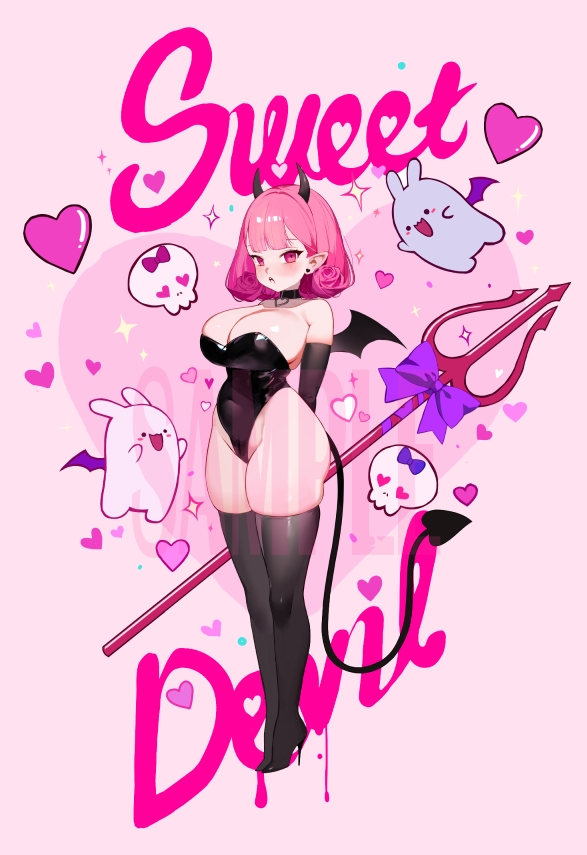 1girl armpit_crease bare_shoulders bilingual_commentary black_choker black_horns black_leotard black_thighhighs black_wings blush bow breasts choker commentary covered_navel demon_horns demon_tail demon_wings earrings eden_(shiroki_yuutsu) english_commentary english_text full_body groin heart heart_collar heart_earrings high_heels holding_polearm horns jewelry large_breasts leotard medium_hair mixed-language_commentary open_mouth original pink_background pink_eyes pink_hair pointy_ears polearm purple_bow sample_watermark standing strapless strapless_leotard stud_earrings tail thighhighs thighs trident vanilla_(eden_(shiroki_yuutsu)) watermark weapon wings